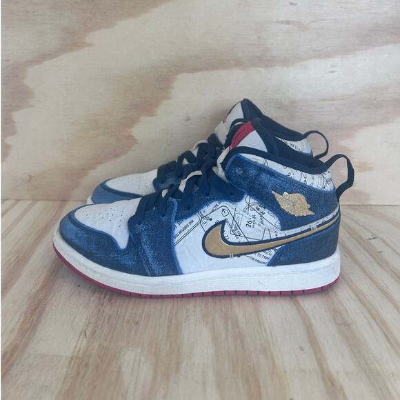 Nike - Air Jordan 1 Mid - Sneakers - Blue/White - Kids Little - 1Y - FN1353-400 - Picture 3 of 9